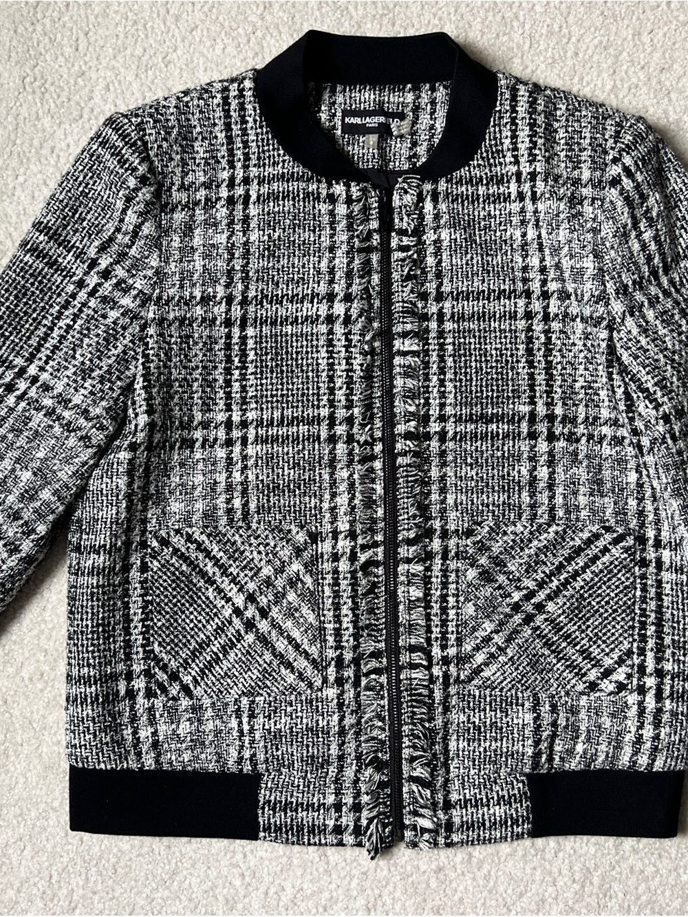 Karl Lagerfeld Paris Tweed Bomber zip Jacket Black White Plaid Fringe Trim Sz 8